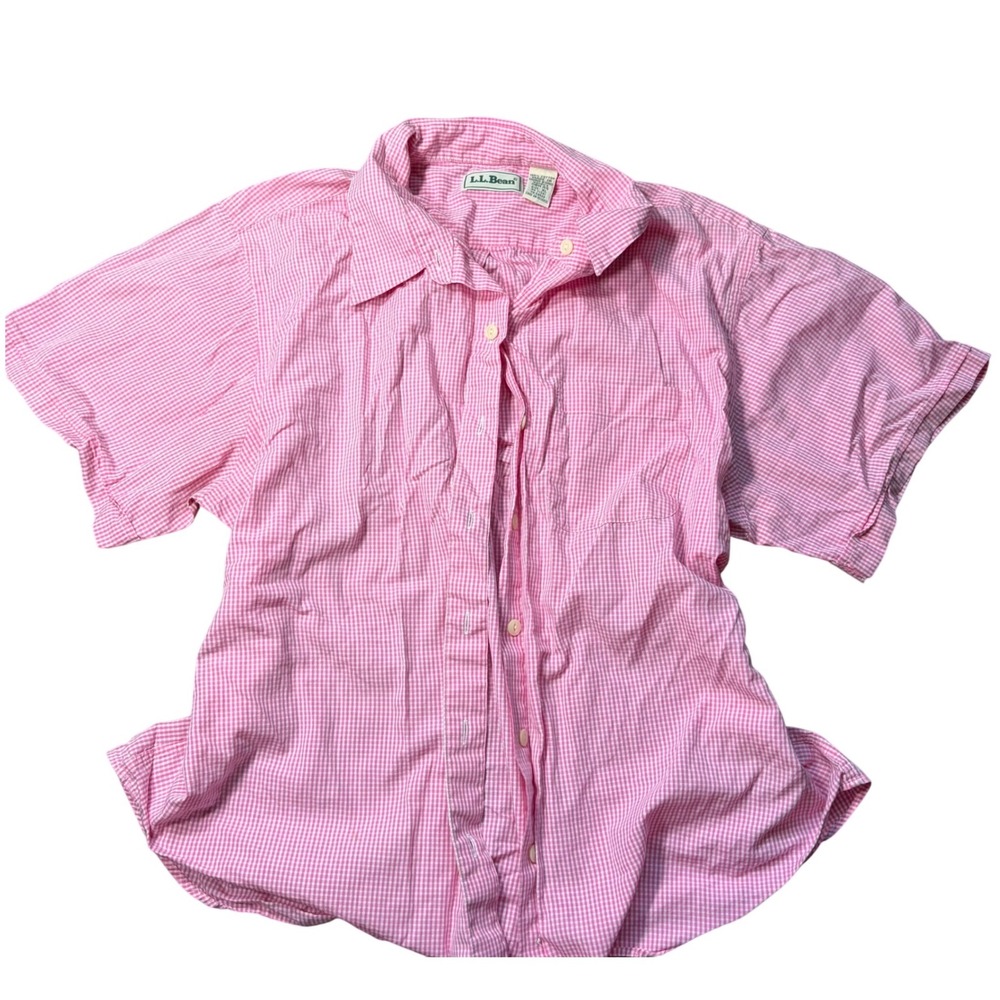 LL‎ Bean Womens XL Pink Gingham Cotton Short Sleeve Button Up Shirt Top Pocket